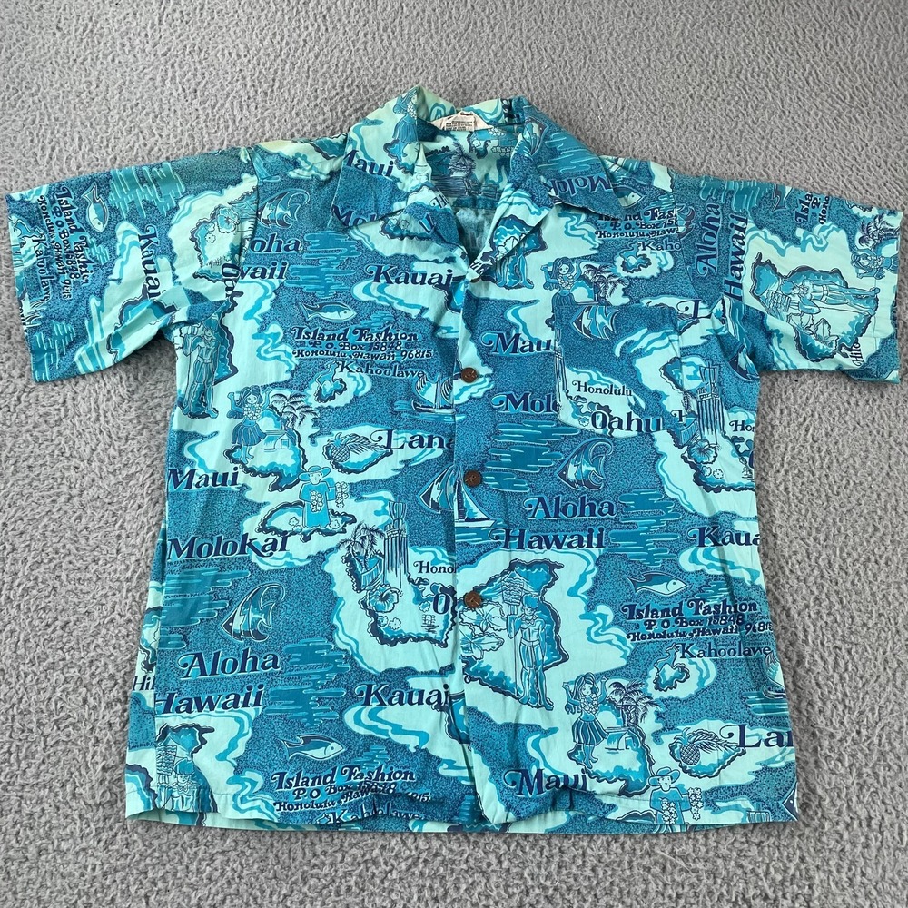 Vintage‎ 70s Island Fashions Hawaiian Shirt Button Loop Collar Men's Blue Fit M
